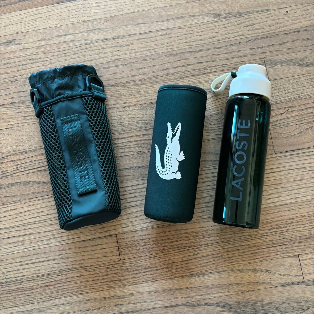 Lacoste Glass Water Bottle with Neoprene Sleeve and Mesh Carrying Pouch Green